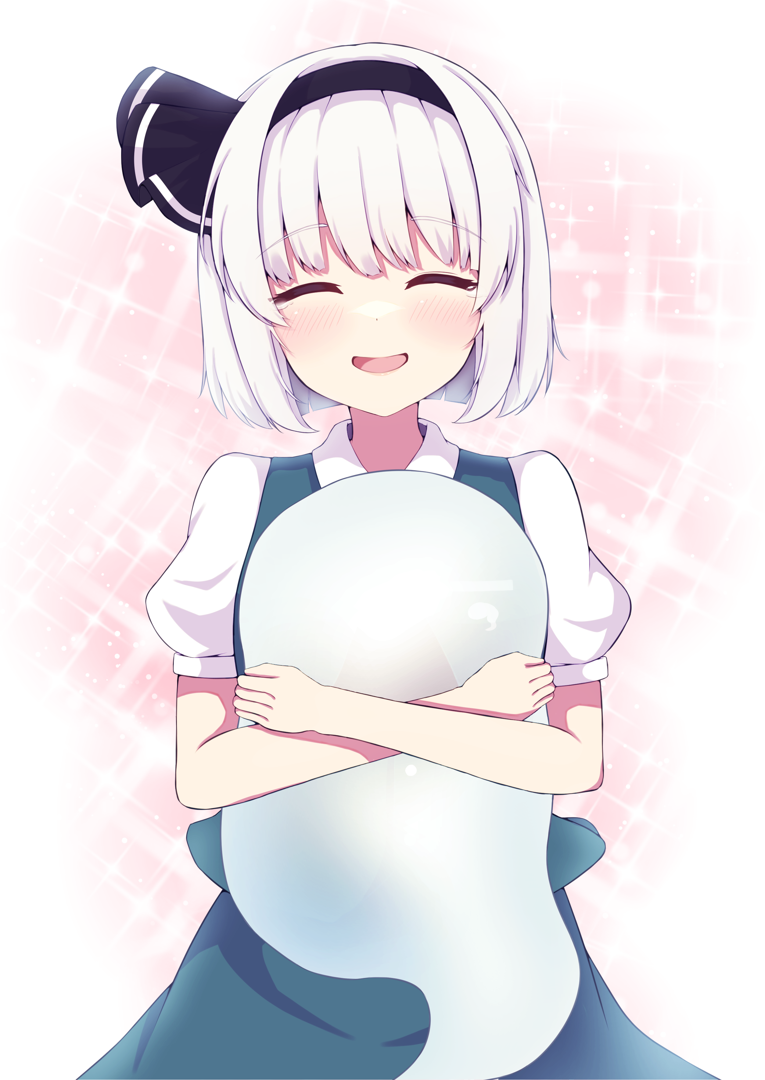 kominato haru, konpaku youmu, konpaku youmu (ghost), touhou, absurdres, commentary request, highres, 1girl, black hairband, black ribbon, blush, closed eyes, collared shirt, cowboy shot, crossed arms, green skirt, green vest, hair ribbon, hairband, holding ghost, open mouth, pink background, puffy short sleeves, puffy sleeves, ribbon, shirt, short hair, short sleeves, skirt, smile, solo, sparkle background, vest, white hair