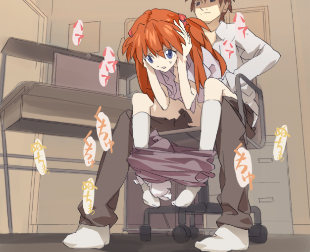 neemui, souryuu asuka langley, neon genesis evangelion, white legwear, bad id, bad pixiv id, 1boy, 1girl, bent over, blue eyes, bottomless, clothed sex, clothes pull, hair ornament, hairclip, hetero, lap sex, open clothes, open shirt, orange hair, pants, pants pull, petite, sex, shirt, socks, sweat, vaginal