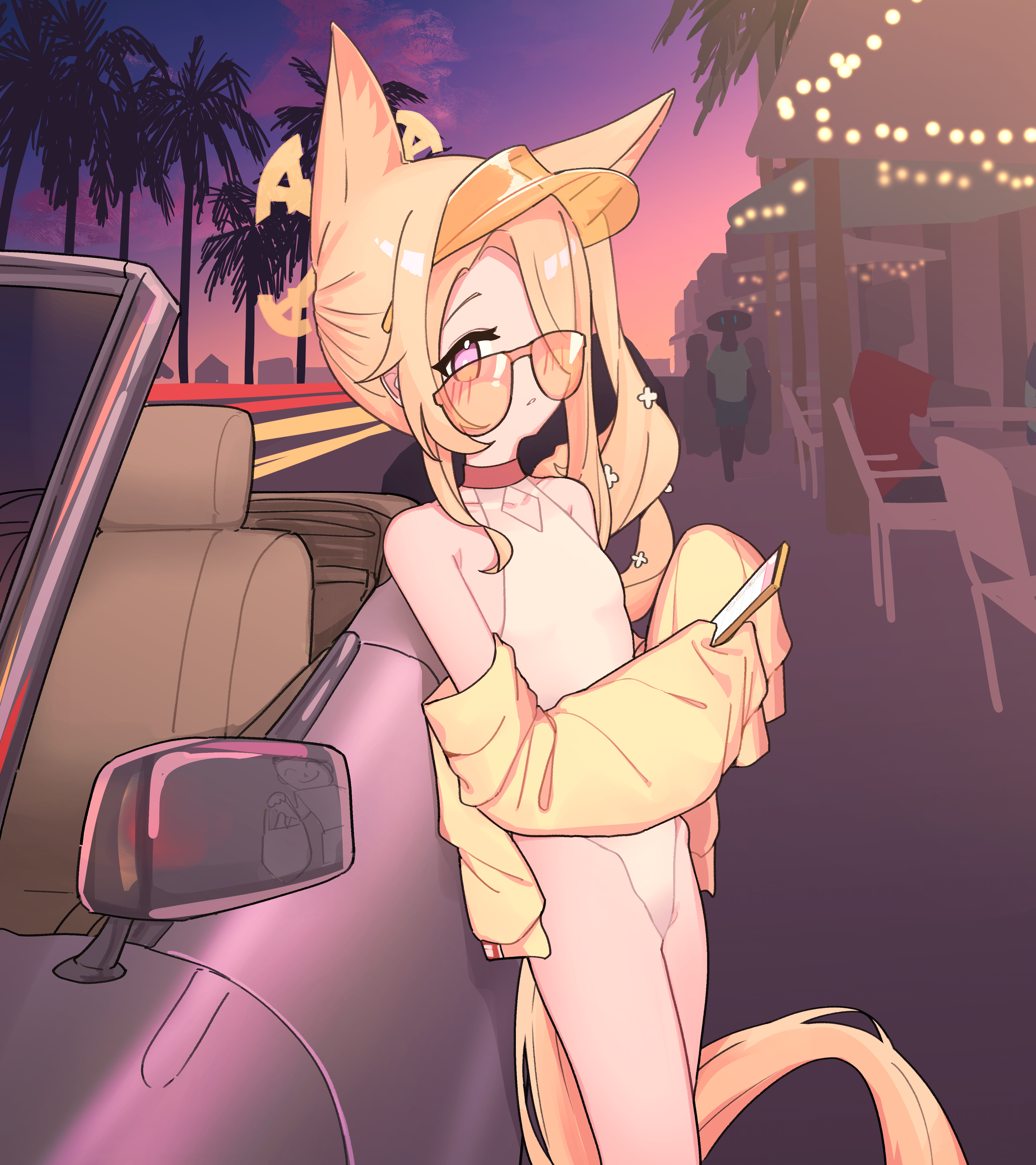 lyrinne, doodle sensei (blue archive), seia (blue archive), seia (swimsuit) (blue archive), sensei (blue archive), blue archive, absurdres, highres, 1boy, 1girl, above-cleavage cutout, animal ear fluff, animal ears, bag, blonde hair, breasts, building, car, cellphone, chair, closed mouth, clothing cutout, cloud, convertible, crowd, diamond cutout, dusk, fox ears, fox girl, hair over one eye, halo, highleg, highleg one-piece swimsuit, holding, holding bag, holding phone, jacket, jacket partially removed, leaning on object, long hair, long sleeves, looking at viewer, motor vehicle, official alternate costume, official alternate hairstyle, one-piece swimsuit, orange-tinted eyewear, outdoors, palm tree, people, phone, purple eyes, purple sky, reflection, side ponytail, sidewalk, sky, sleeves past wrists, small breasts, smartphone, solo focus, sunglasses, swimsuit, tail, tinted eyewear, tree, urban, visor cap, white one-piece swimsuit, yellow halo, yellow jacket, yellow visor