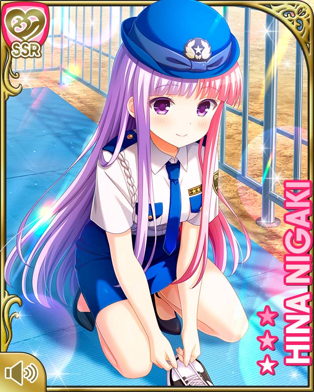 qp:flapper, niigaki hina, girlfriend (kari), official art, tagme, 1girl, blue necktie, blue skirt, card, character name, closed mouth, day, female focus, kneeling, long hair, multicolored hair, necktie, outdoors, pencil skirt, pink hair, poilice hat, police, police uniform, policewoman, purple eyes, purple hair, shirt, skirt, smile, solo, whistle, white shirt