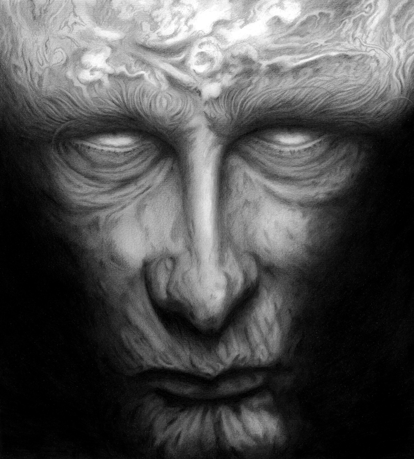 morgoth, the silmarillion, tolkien's legendarium, commentary, english commentary, 1boy, black background, black lips, close-up, closed mouth, divine being, facing viewer, greyscale, looking at viewer, monochrome, no pupils, nose, peet, smoke, solo, wavy eyebrows