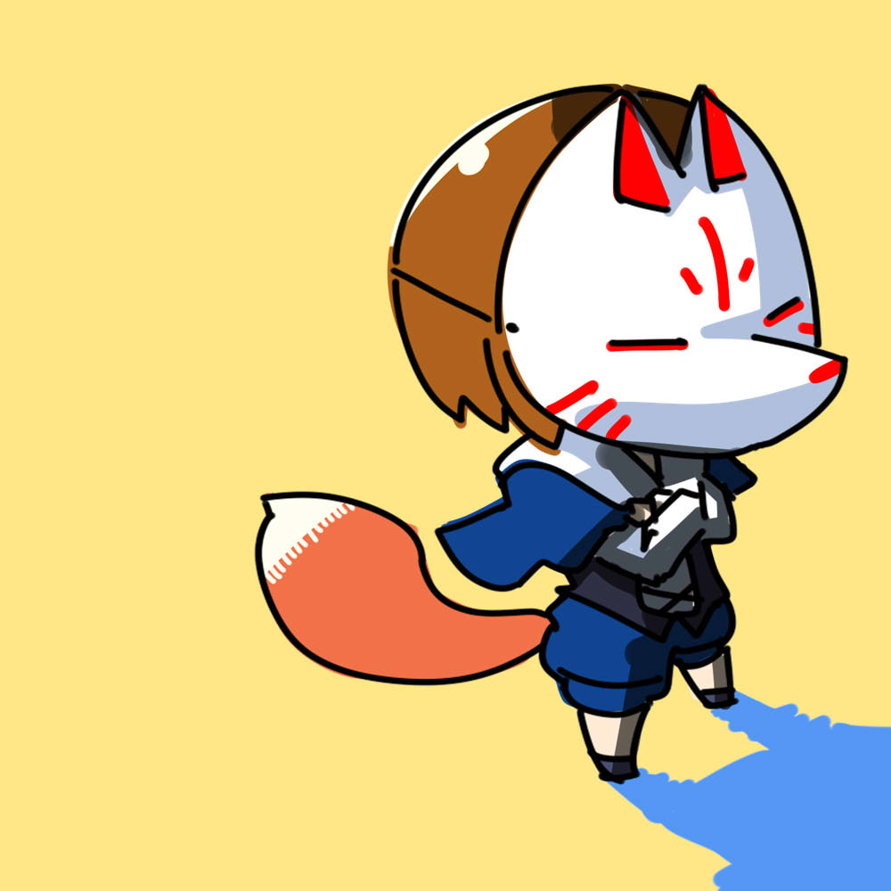 itini-sanshi, souseiseki, rozen maiden, commentary request, 1girl, black corset, blue capelet, blue shorts, brown hair, capelet, chibi, chibi only, corset, crossed arms, fox mask, fox tail, full body, mask, short hair, shorts, simple background, solo, standing, tail, yellow background