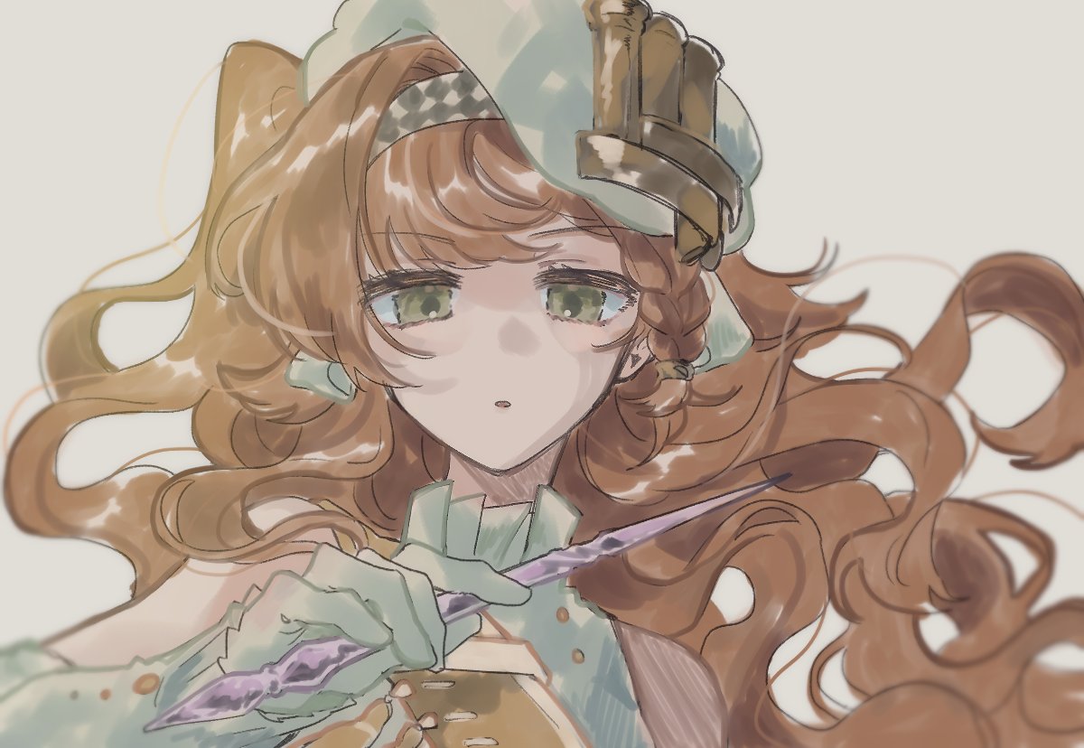 sonetto (parade anthem) (reverse:1999), sonetto (reverse:1999), reverse:1999, 1girl, 8ru, :o, beret, checkered hairband, dress, floating hair, glass pen, gloves, green eyes, grey background, hairband, hand up, hat, holding, holding pen, long hair, looking at viewer, official alternate costume, orange hair, pen, portrait, sleeveless, sleeveless dress, solo, two side up, white dress, white gloves, white hat