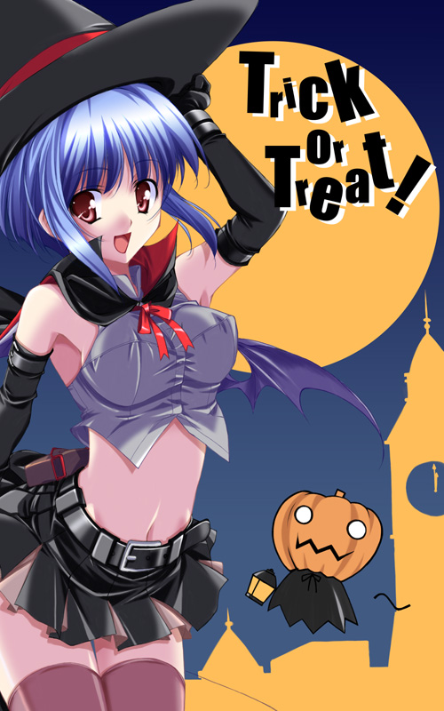 sakuragi hiroyuki, 1girl, elbow gloves, female focus, gloves, halloween, hat, solo, thighhighs, trick or treat, witch hat, zettai ryouiki