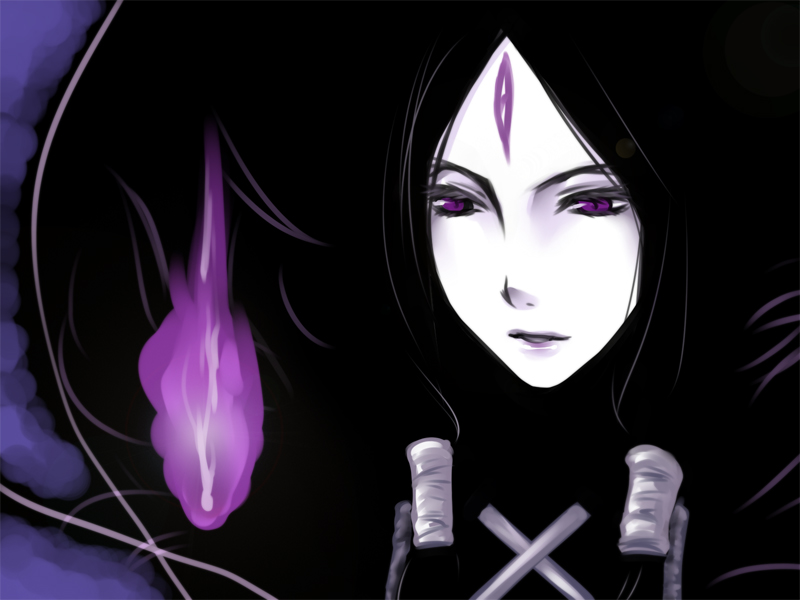 yukian, thanatos (persona), thanatos (sound horizon), moira, sound horizon, 1boy, black hair, close-up, dark, facial mark, fire, lipstick, makeup, male focus, purple eyes, solo