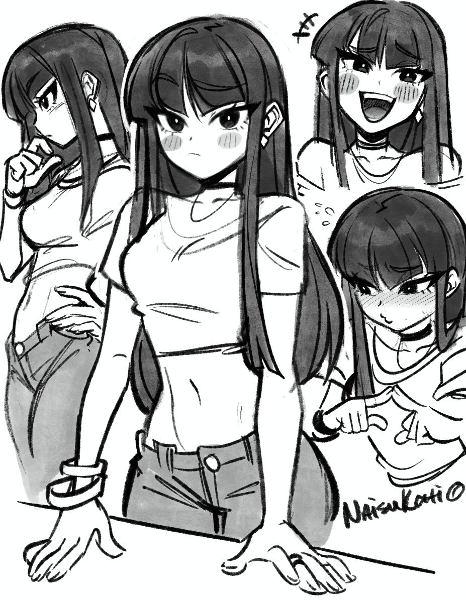 original, commentary, +++, 1girl, bangle, blush, blush stickers, bracelet, breasts, bright pupils, choker, closed mouth, cowboy shot, crop top, cropped torso, denim, earrings, flying sweatdrops, furrowed brow, greyscale, hand on own hip, hand up, index fingers together, jeans, jewelry, laughing, long hair, looking at viewer, medium breasts, monochrome, multiple bracelets, multiple views, naisukohi, navel, necklace, o3o, open mouth, pants, raised eyebrow, ring, shirt, short sleeves, small sweatdrop, standing, twitter username, very long hair