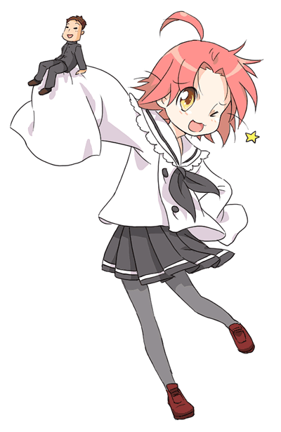 kyuusugi toku, kogami akira, shiraishi minoru, lucky star, bad id, bad pixiv id, 00s, 1boy, 1girl, ahoge, frills, full body, long sleeves, one eye closed, oversized clothes, pantyhose, pink hair, school uniform, serafuku, shoes, short hair, simple background, sitting, skirt, standing, white background, wink