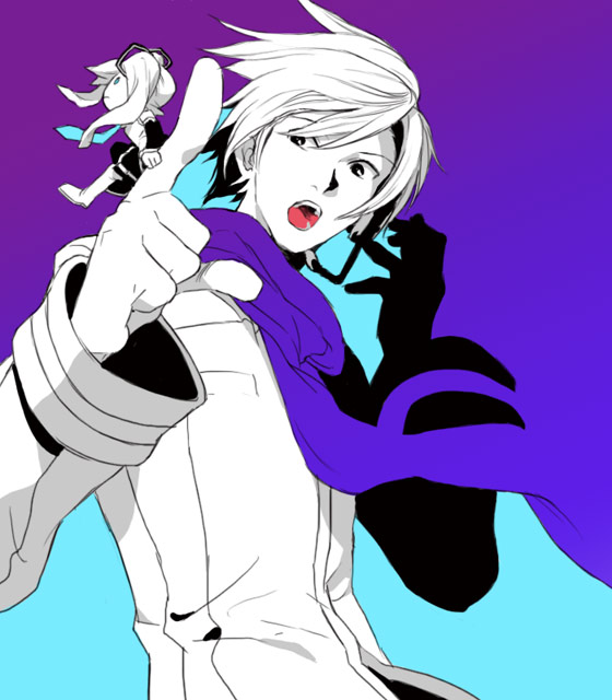 kyuusugi toku, hatsune miku, kaito (vocaloid), vocaloid, bad id, bad pixiv id, 1boy, 1girl, chibi, gradient background, headset, mini person, minigirl, partially colored, scarf, short hair, sitting