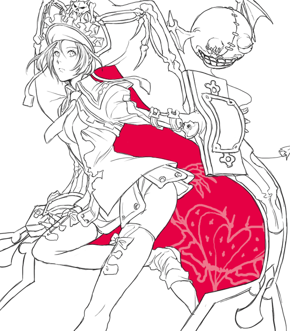 kyuusugi toku, valentine (guilty gear), arc system works, guilty gear, bad id, bad pixiv id, 1girl, boots, female focus, frills, large hat, long sleeves, monochrome, necktie, red theme, short hair, skirt, solo, spot color, thigh boots, thighhighs