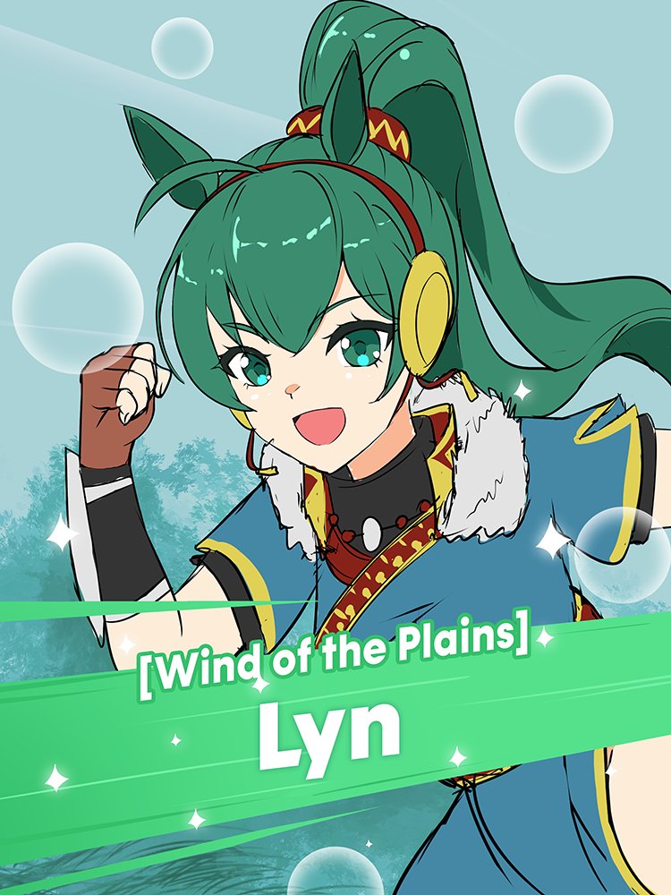 keldancon, lyn (fire emblem), fire emblem, fire emblem: the blazing blade, fire emblem shadows, nintendo, umamusume, commentary, english commentary, 1girl, animal ears, arm guards, blue dress, breasts, brown gloves, dress, english text, fingerless gloves, gloves, green eyes, green hair, hair ornament, hairband, high ponytail, horse ears, horse girl, long hair, looking at viewer, lyn (plains wind) (fire emblem), lyn (shadows) (fire emblem), medium breasts, open mouth, ponytail, red hairband, short sleeves, smile, solo, undershirt, very long hair