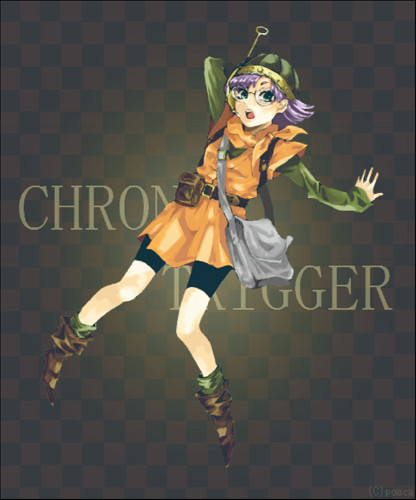 posca, lucca ashtear, chrono (series), chrono trigger, silver hair, lowres, 1990s (style), 1girl, :o, belt, belt pouch, boots, copyright name, female focus, full body, hat, knee boots, long sleeves, open mouth, pocket, pouch, short hair, shorts, solo