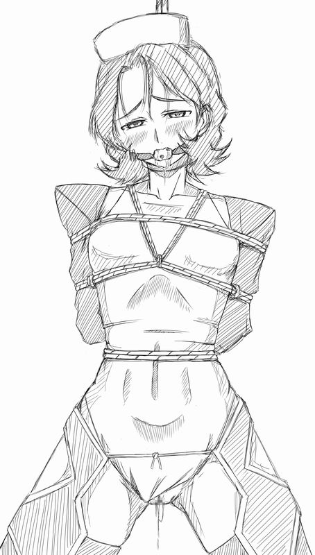 jun (666), jun (pixiv), shinozaki sayoko, code geass, bad id, bad pixiv id, 00s, 1girl, ball gag, bdsm, bondage, bound, breast bondage, breasts, female focus, gag, gagged, greyscale, maid, monochrome, pussy, rope, sketch, solo, wiffle gag