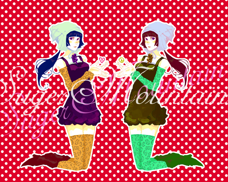 nico (artist), sugar mountain, jojo no kimyou na bouken, steel ball run, bad id, bad pixiv id, 1girl, animal print, bare shoulders, berry, black hair, boots, dress, dual persona, green boots, heart, hood, kneeling, polka dot, polka dot background, ponytail, purple eyes, sleeveless, sleeveless dress, thighhighs
