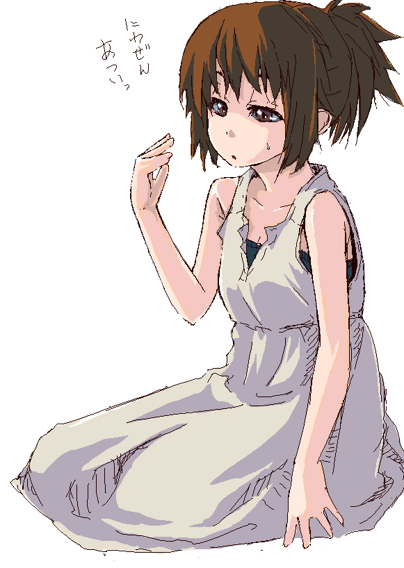 niwa zen, original, translation request, 1girl, brown hair, dress, female focus, oekaki, ponytail, purple eyes, short ponytail, sitting, solo, sweatdrop
