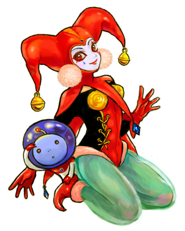 mogumogu, harle (chrono cross), hoshi no ko, chrono (series), chrono cross, lowres, 1girl, alien, facepaint, full body, green pantyhose, harlequin, hat, jester, jester cap, kneeling, leotard, looking at viewer, makeup, monster, pants, pantyhose, red eyes, red leotard, see-through clothes, slime (substance), tassel