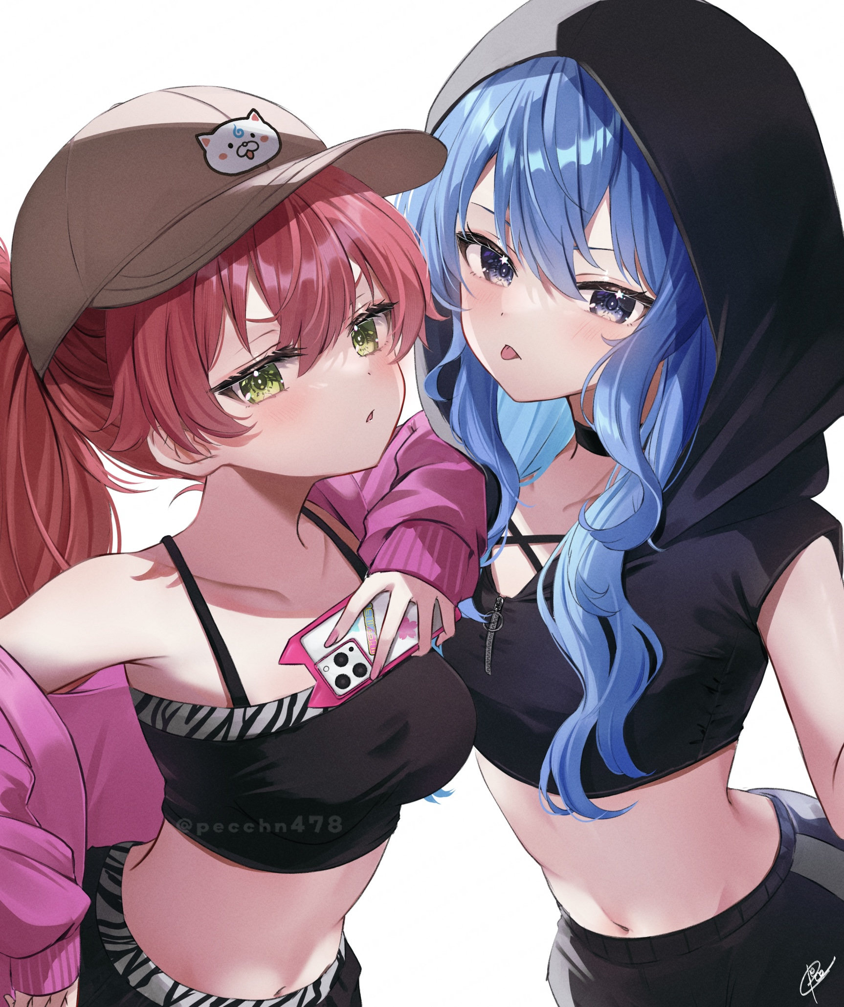 pecco (pecco297), 35p (sakura miko), hoshimachi suisei, sakura miko, hololive, commentary request, highres, 2girls, :p, alternate costume, arm on another's shoulder, asymmetrical sidelocks, baseball cap, black choker, black hoodie, blue eyes, blue hair, breasts, brown hat, cellphone, choker, criss-cross straps, crop top, cropped hoodie, double-parted bangs, flat chest, green eyes, hair between eyes, hat, holding, holding phone, hood, hood up, hoodie, jacket, long hair, looking at viewer, medium breasts, midriff, multiple girls, navel, phone, pink hair, pink jacket, sidelocks, simple background, sleeveless, sleeveless hoodie, smartphone, star (symbol), star in eye, symbol in eye, tongue, tongue out, upper body, virtual youtuber, white background