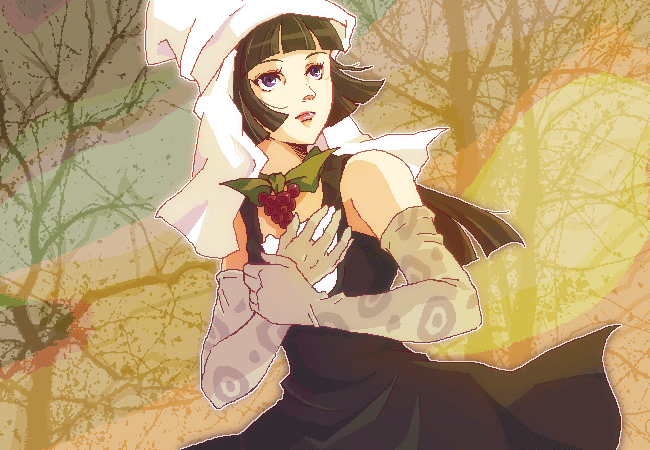 areri, sugar mountain, jojo no kimyou na bouken, steel ball run, 1girl, berry, black hair, dress, elbow gloves, female focus, gloves, hood, outdoors, purple eyes, solo, tree