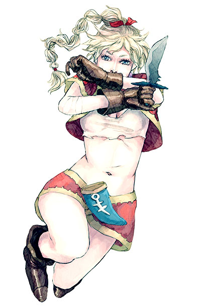 mmr, kid (chrono cross), chrono (series), chrono cross, bad id, bad pixiv id, 1girl, blonde hair, blue eyes, boots, braid, crop top, female focus, gloves, knife, long hair, midriff, multi-tied hair, sheath, skirt, solo, vest