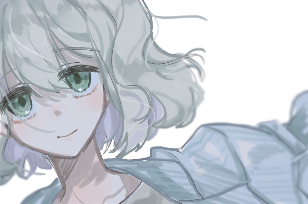 cristallo, reverse:1999, 1girl, 8ru, closed mouth, dutch angle, green eyes, hair between eyes, looking at viewer, portrait, shirt, shirt on shoulders, short hair, simple background, smile, solo, white background, white hair, white shirt