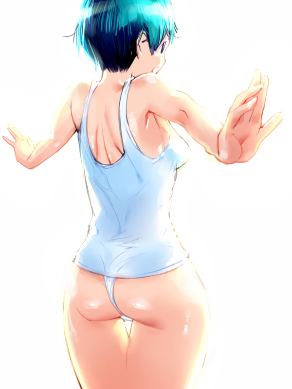 igarashi mangou, 1girl, armpits, ass, back, bare shoulders, female focus, panties, short hair, solo, tank top, thong, underwear, white panties