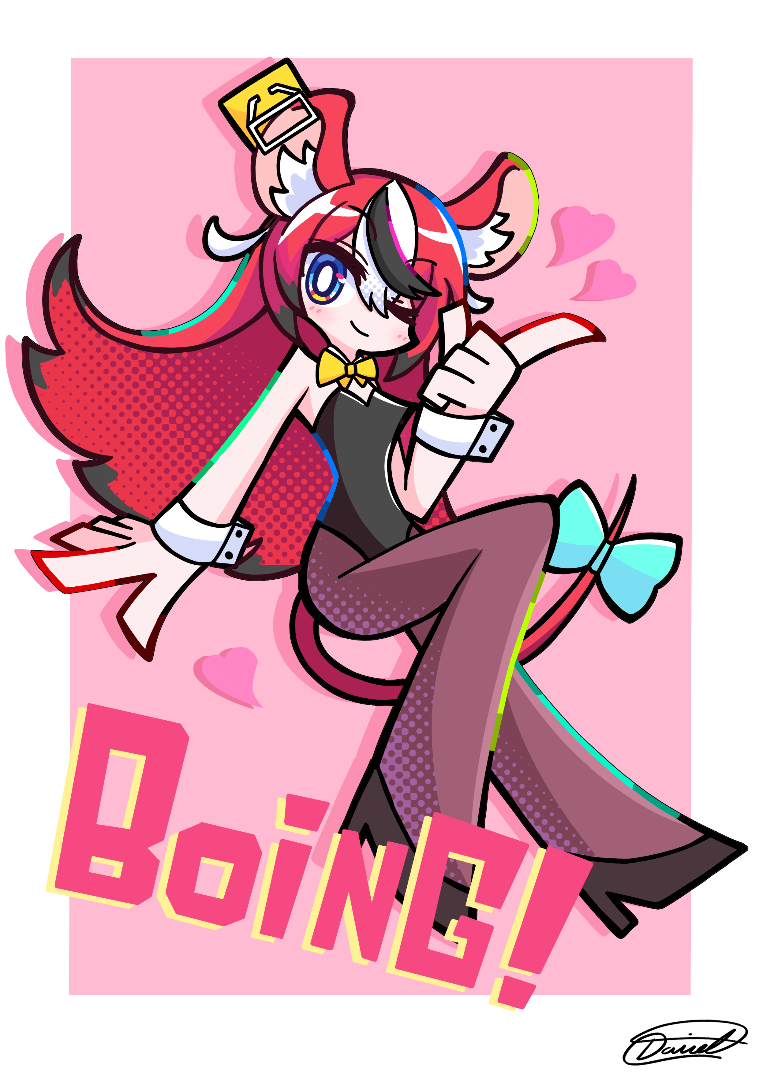 hakos baelz, hololive, hololive english, absurdres, highres, 1girl, alternate costume, alternate hairstyle, animal ear fluff, animal ears, aqua bow, bare shoulders, black hair, black leotard, black shoes, blush, border, bow, bowtie, bright pupils, closed mouth, drop shadow, english text, full body, heart, high heels, index finger raised, leotard, long hair, mouse ears, mouse girl, mouse tail, mousetrap, multicolored hair, namdh1218, one eye closed, pantyhose, pink background, purple pantyhose, red hair, shoes, signature, simple background, smile, solo, strapless, strapless leotard, tail, tail bow, tail ornament, virtual youtuber, white border, white hair, white pupils, wrist cuffs, yellow bow, yellow bowtie