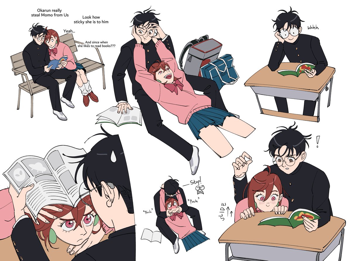 ayase momo, takakura ken (dandadan), dandadan, commentary, english commentary, !, 1boy, 1girl, backpack, bag, black hair, black jacket, black pants, blue skirt, blush, book, bow, bowtie, brown eyes, brown hair, canapeeeee, desk, earrings, english text, full body, gakuran, glasses, hair between eyes, hands on own cheeks, hands on own face, holding, holding book, jacket, jewelry, kami high school uniform, leaning on person, long sleeves, looking at another, magazine (object), miniskirt, multiple views, on bench, open book, pants, pink sweater, pleated skirt, red bow, red bowtie, round eyewear, school desk, school uniform, short hair, simple background, sitting, skirt, smile, socks, sweatdrop, sweater, upper body, white background, white socks
