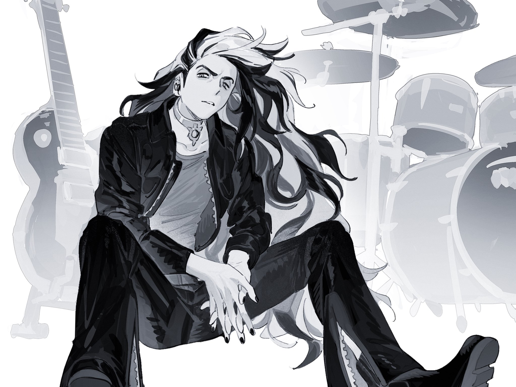 molymes, piers (pokemon), nintendo, pokemon, pokemon swsh, highres, 1boy, belt, choker, collarbone, drum, drum set, instrument, interlocked fingers, jacket, long hair, male focus, monochrome, multicolored hair, nail polish, open clothes, open jacket, own hands together, pants, parted lips, shirt, sitting, solo, two-tone hair, very long hair