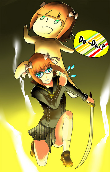 yokkora, amami haruka, nonowa, atlus, idolmaster, persona, persona 4, resized, 2girls, brown hair, do-dai, glasses, green eyes, hair ornament, katana, multiple girls, multiple persona, parody, pixiv thumbnail, school uniform, short hair, skirt, sword, weapon