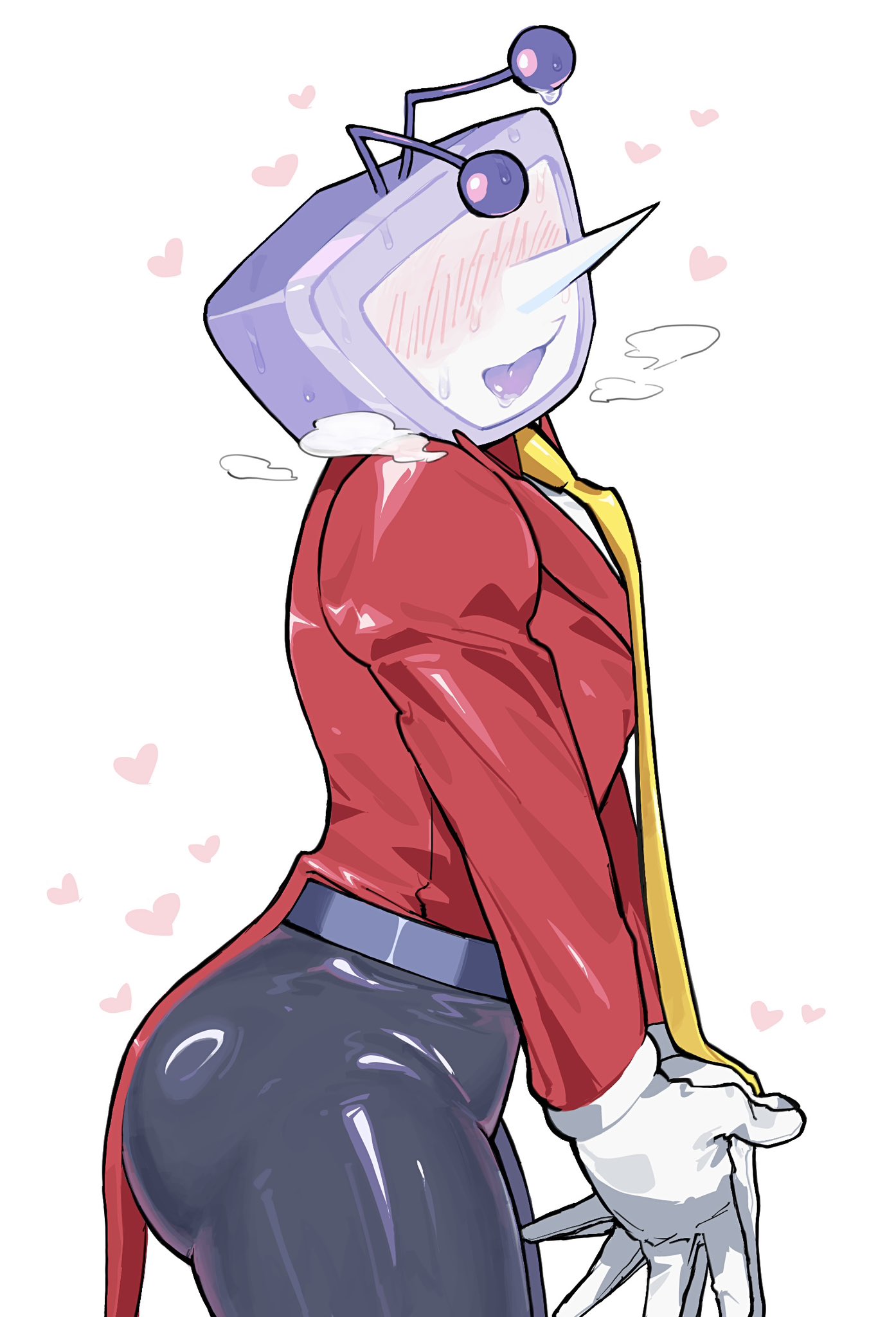 ant tenna, deltarune, utdr (toby fox), highres, 1boy, ass, belt, black pants, crt, gloves, grey belt, heart, long nose, male focus, necktie, object head, p ch3c00h, pants, pointy nose, radio antenna, saliva, simple background, solo, steam, sweat, tailcoat, tongue, tongue out, white background, white gloves, yellow necktie