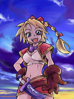 kid (chrono cross), chrono (series), chrono cross, lowres, 1girl, belt, blonde hair, blue sky, braid, brown gloves, cloud, female focus, gloves, green eyes, high ponytail, looking at viewer, morning, multi-tied hair, open mouth, outdoors, ponytail, single braid, sky, solo, sunrise
