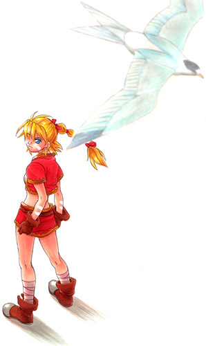 kid (chrono cross), chrono (series), chrono cross, lowres, 1girl, animal, bird, braid, female focus, flying, from behind, high ponytail, jacket, multi-tied hair, ponytail, red jacket, red skirt, simple background, single braid, skirt, solo, white background