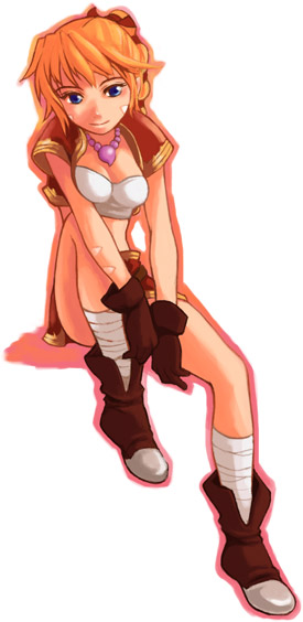 kid (chrono cross), chrono (series), chrono cross, 1girl, bandages, beads, blonde hair, blue eyes, boots, braid, crop top, female focus, gloves, hair ribbon, high ponytail, jewelry, long hair, magatama, midriff, multi-tied hair, necklace, ponytail, ribbon, sitting, skirt, smile, solo, vest