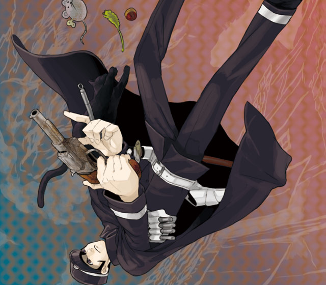 kyuusugi toku, gouto, kuzunoha raidou, atlus, devil summoner (series), raidou kuzunoha vs the soulless army, shin megami tensei, bad id, bad pixiv id, 1boy, belt, cape, cat, gun, hat, katana, male focus, school uniform, serafuku, shako cap, short hair, solo, sword, weapon