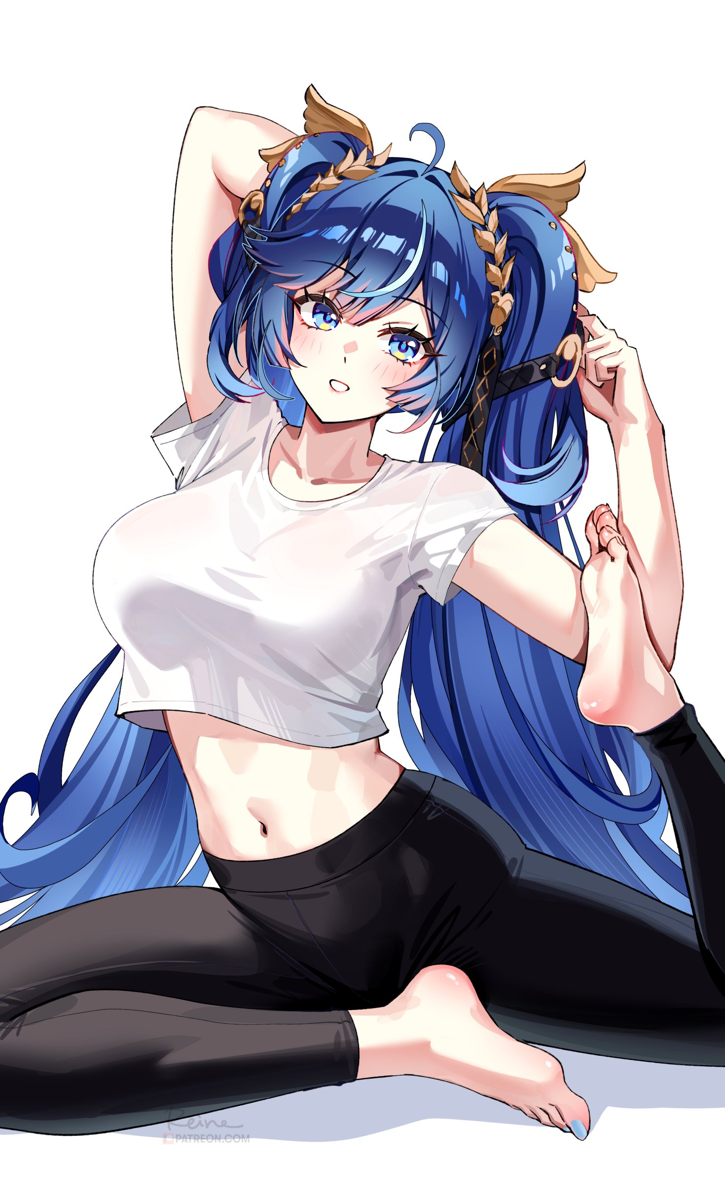foxyreine, iuno (wuthering waves), wuthering waves, absurdres, commentary, highres, 1girl, ahoge, alternate costume, arm up, barefoot, black pants, blue eyes, blue hair, blue nails, breasts, collarbone, feet, hair belt, large breasts, laurel crown, light blush, long hair, looking at viewer, multicolored hair, nail polish, navel, pants, parted lips, shirt, short sleeves, signature, soles, solo, stomach, streaked hair, stretching, toenail polish, toenails, toes, twintails, very long hair, white shirt, yoga pants