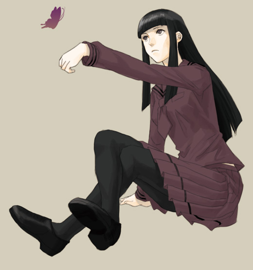 kyuusugi toku, daidoji kaya, atlus, devil summoner (series), raidou kuzunoha vs the soulless army, shin megami tensei, bad id, bad pixiv id, 1girl, black hair, black pantyhose, black shoes, blouse, blunt bangs, breast pocket, bug, butterfly, female focus, frown, full body, grey background, insect, outdoors, pantyhose, pocket, purple serafuku, purple shirt, purple theme, school uniform, serafuku, shirt, shoes, simple background, sitting, skirt, solo