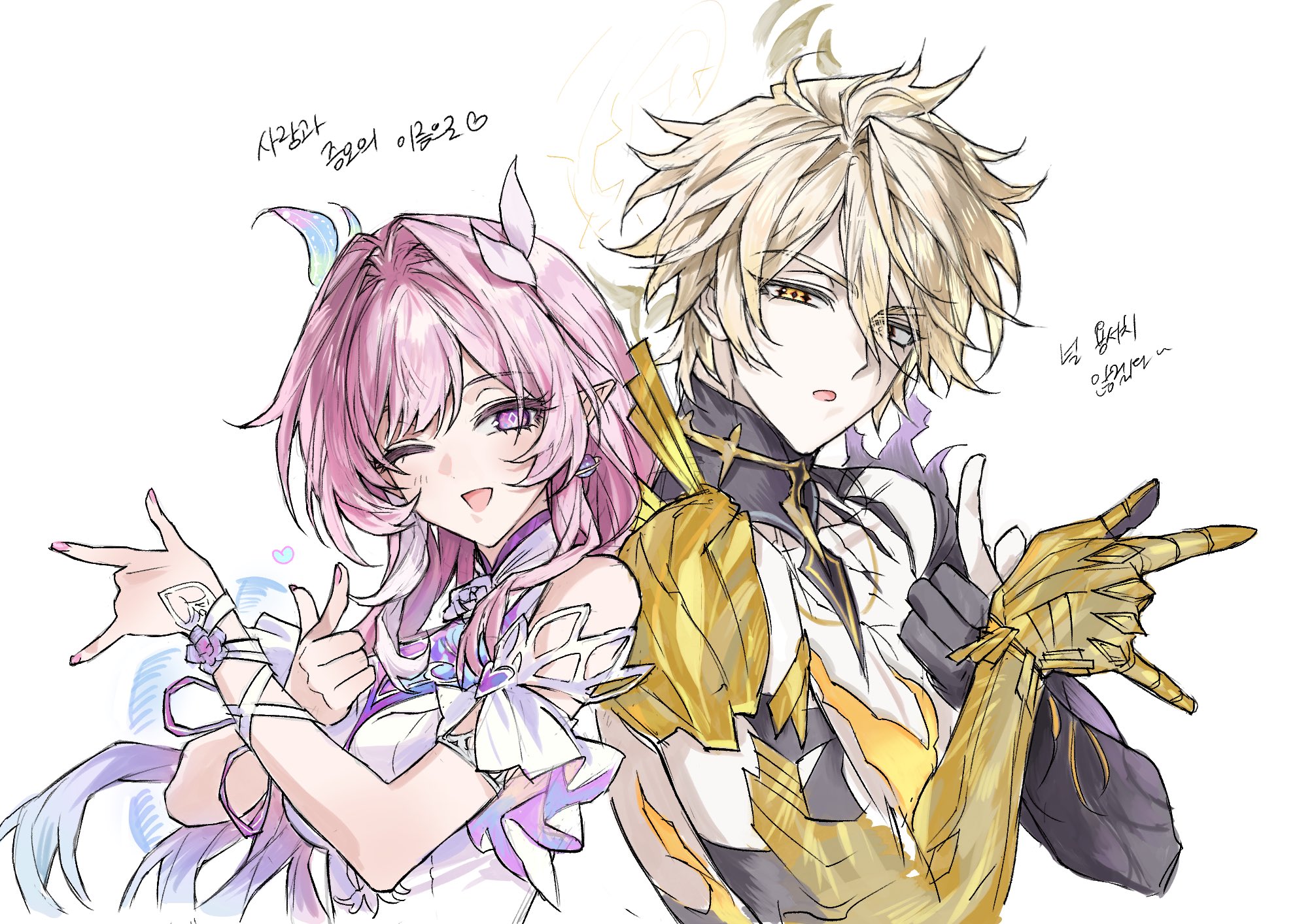cyrene (honkai: star rail), cyrene (ripples of past reverie) (honkai: star rail), phainon (honkai: star rail), phainon (khaslana) (honkai: star rail), honkai: star rail, honkai (series), highres, translation request, 1boy, 1girl, ;o, blonde hair, blue hair, breasts, cracked skin, dress, earrings, gold blood, gold hands, hackmemme, jewelry, large breasts, long hair, multicolored hair, one eye closed, pink hair, pointy ears, short hair, simple background, topless male, very long hair, white background, white dress, white hair
