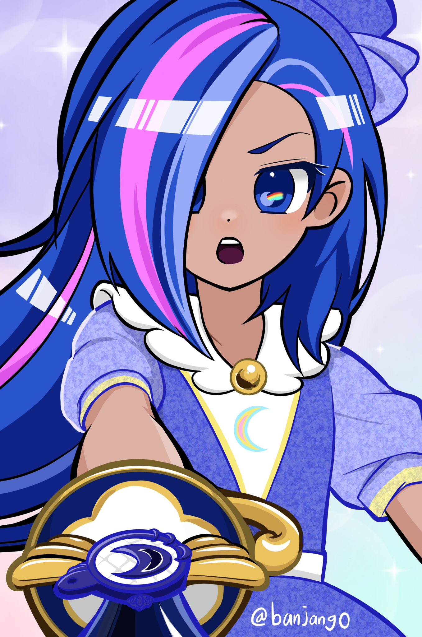 indigo keen (rainbow bubblegem), rainbow bubblegem, 1girl, banjang0, hat, indigo hair, twitter username, znznclducls