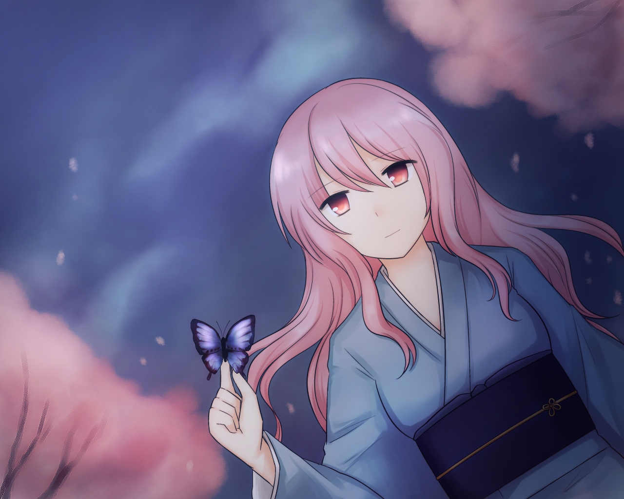 koto (shiberia39), saigyouji yuyuko, saigyouji yuyuko (living), touhou, 1girl, blue dress, bug, butterfly, butterfly on hand, cherry blossoms, closed mouth, dress, insect, long hair, long sleeves, night, no headwear, petals, pink eyes, pink hair, solo, tree
