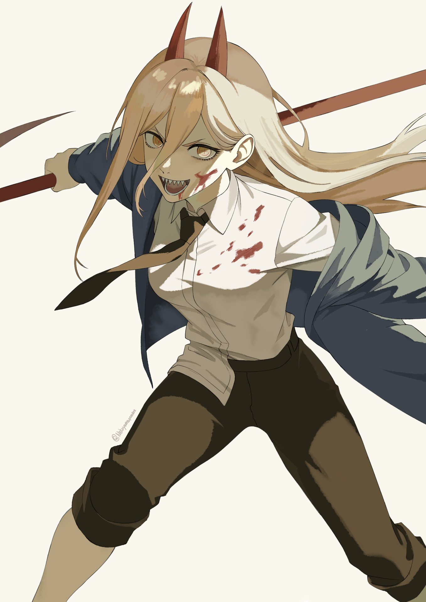 hareruya (smomo2227), power (chainsaw man), chainsaw man, commentary, highres, 1girl, black necktie, blonde hair, blood, blood on clothes, blood on face, collared shirt, cross-shaped pupils, demon girl, demon horns, hair between eyes, hemokinesis, holding, holding scythe, horns, long hair, necktie, open mouth, red horns, scythe, sharp teeth, shirt, shirt partially tucked in, simple background, solo, symbol-shaped pupils, teeth