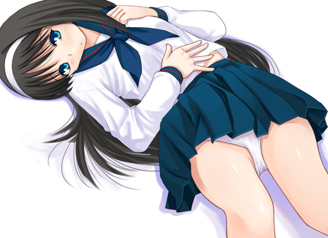 katatsuka kouji, tohno akiha, tsukihime, 00s, 1girl, black hair, blue eyes, blush, female focus, hairband, long hair, lying, panties, school uniform, serafuku, solo, underwear, white background, white panties