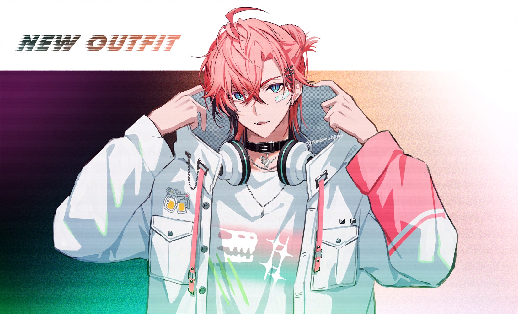 hinatsu, akagi wen, nijisanji, commentary, highres, symbol-only commentary, 1boy, ahoge, akagi wen (3rd costume), artist name, bandaid, bandaid on cheek, bandaid on face, black choker, black hair, black jacket, blue eyes, breast pocket, buttons, choker, crossed bangs, drawstring, earrings, gradient background, hair between eyes, hair ornament, hairclip, half updo, hands up, headphones, headphones around neck, holding hood, hood, hood down, hooded jacket, jacket, jewelry, long sleeves, looking at viewer, male focus, multicolored hair, necklace, official alternate costume, open mouth, parted bangs, pendant choker, pink hair, pocket, print shirt, shirt, short hair, solo, streaked hair, teeth, twitter username, upper body, upper teeth only, virtual youtuber, white jacket, white shirt, x hair ornament