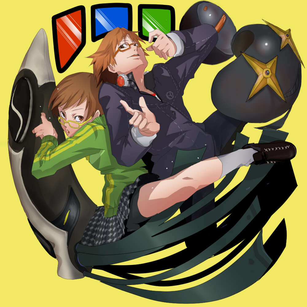 mineji, hanamura yousuke, satonaka chie, atlus, persona, persona 4, bad id, bad pixiv id, 1boy, 1girl, bike shorts, brown eyes, brown hair, glasses, headphones, headphones around neck, houndstooth, kicking, orange-framed eyewear, plaid clothes, plaid skirt, school uniform, serafuku, short hair, skirt, socks, yellow-framed eyewear