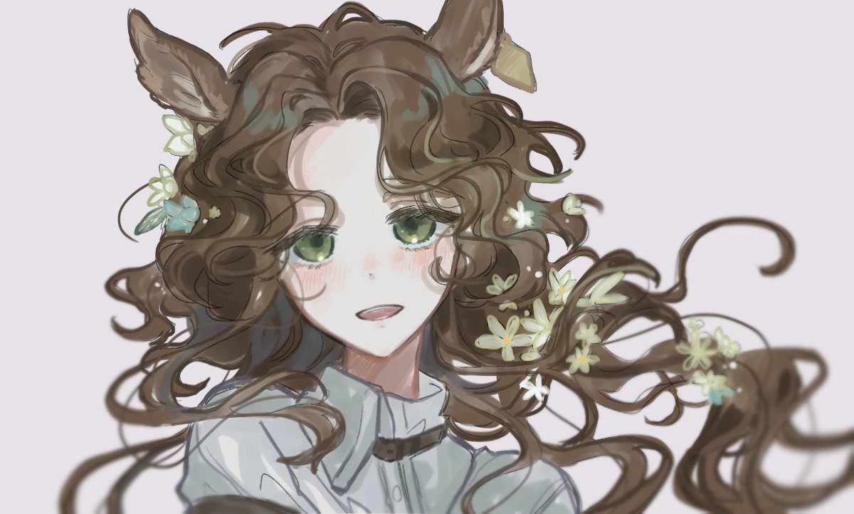 jessica (reverse:1999), reverse:1999, 1girl, 8ru, :d, animal ears, brown hair, deer ears, deer girl, ear tag, floating hair, flower, green eyes, grey background, hair flower, hair ornament, long hair, looking at viewer, open mouth, portrait, shirt, smile, solo, white shirt, yellow flower