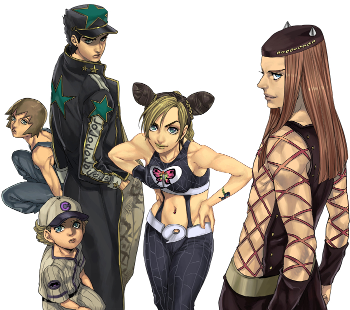 icym, emporio alnino, foo fighters (jojo), kuujou jolyne, kuujou joutarou, narciso anasui, jojo no kimyou na bouken, stone ocean, bad id, bad pixiv id, 2girls, 3boys, aqua eyes, bare shoulders, baseball uniform, biceps, black hair, blonde hair, blue eyes, brown hair, child, clothes writing, cone hair bun, double bun, gakuran, hair bun, hand in pocket, hands on own hips, hat, lipstick, long coat, long hair, makeup, midriff, multicolored hair, multiple boys, multiple girls, navel, overalls, pants, peaked cap, school uniform, serafuku, snakeskin print, sportswear, star (symbol), wristband
