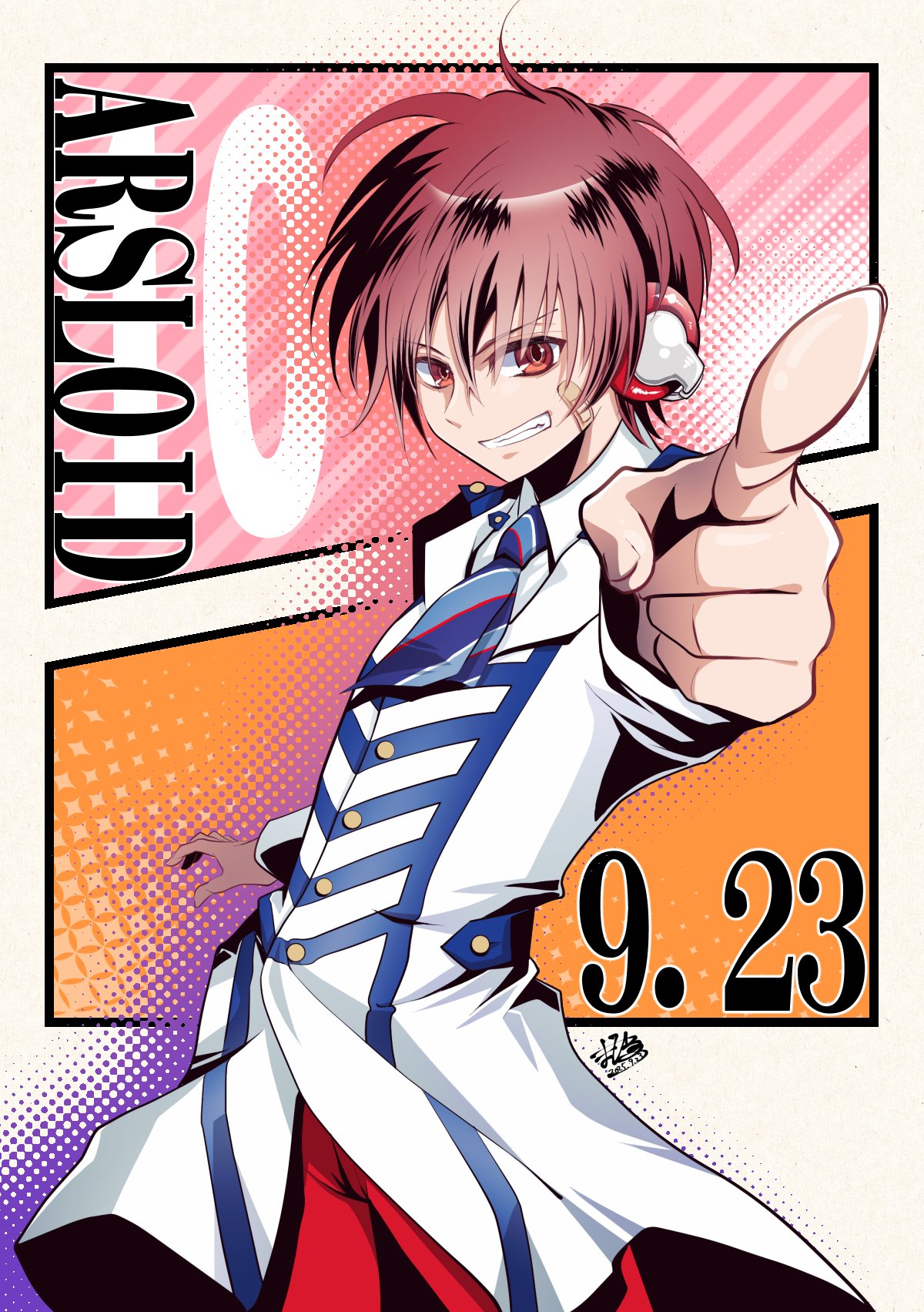 mahiruno, arsloid, vocaloid, commentary request, highres, 1boy, anniversary, blue necktie, character name, collared shirt, hair between eyes, jacket, looking at viewer, male focus, necktie, red eyes, red hair, shirt, short hair, solo, striped necktie, timestamp, white jacket, white shirt