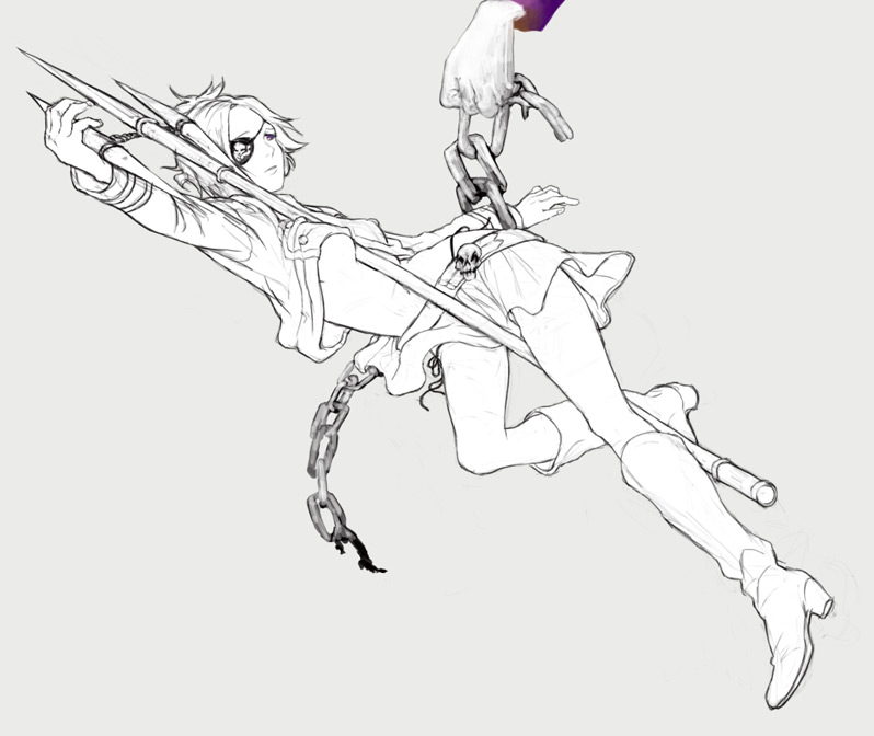 kyuusugi toku, chrome dokuro, katekyo hitman reborn!, bad id, bad pixiv id, 00s, 1girl, belt, boots, chain, eyepatch, female focus, full body, monochrome, short hair, simple background, skirt, solo, spot color, staff