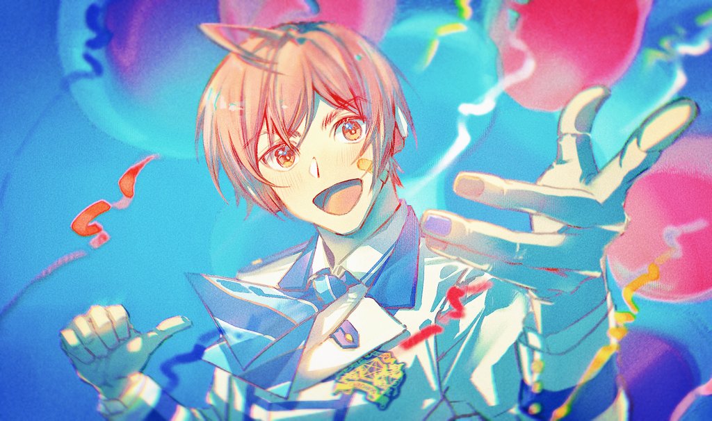 misu (stepforme), arsloid, vocaloid, commentary request, 1boy, :d, anniversary, balloon, bandaid, bandaid on face, blue nails, blue necktie, collared shirt, fingernails, jacket, male focus, nail polish, necktie, open mouth, orange eyes, red hair, shirt, short necktie, smile, solo, streamers, tongue, white jacket, white shirt