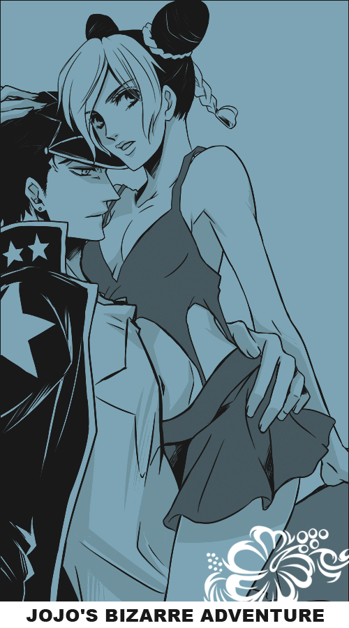 noritama (ibatan), noritama (pixiv94983), kuujou jolyne, kuujou joutarou, jojo no kimyou na bouken, stone ocean, bad id, bad pixiv id, 1boy, 1girl, age difference, aqua theme, bare shoulders, black hair, blue background, blue theme, braid, breasts, cleavage, coat, double bun, earrings, father and daughter, gakuran, hair bun, hat, holding, jewelry, looking at viewer, medium breasts, midriff, monochrome, multicolored hair, navel, school uniform, serafuku, simple background, skirt, star (symbol)