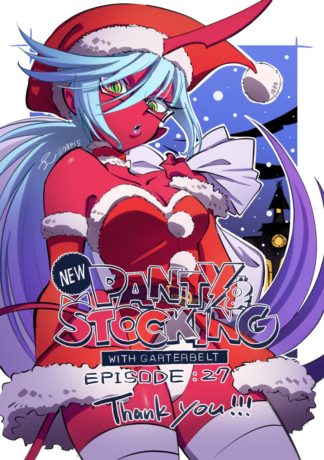 piko han, kneesocks (psg), panty & stocking with garterbelt, highres, 1girl, breasts, christmas stocking, english text, full moon, glasses, green eyes, grey hair, hat, looking at viewer, moon, santa hat