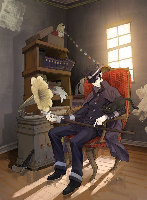 kyuusugi toku, gouto, kuzunoha raidou, atlus, devil summoner (series), raidou kuzunoha vs the soulless army, shin megami tensei, bad id, bad pixiv id, 1boy, armchair, black hair, book, cape, cat, chair, flag, flags of all nations, gun, handgun, hat, katana, male focus, matches, phonograph, red upholstery, revolver, scabbard, school uniform, serafuku, shako cap, sheath, short hair, solo, string of flags, sword, weapon